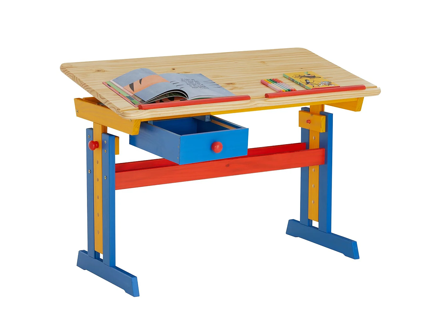 Bureau enfant écolier junior FLEXI table à dessin réglable en hauteur et pupitre inclinable avec 1 tiroir en pin lasuré multicolore