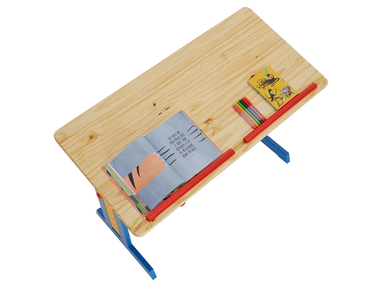 Bureau enfant écolier junior FLEXI table à dessin réglable en hauteur et pupitre inclinable avec 1 tiroir en pin lasuré multicolore