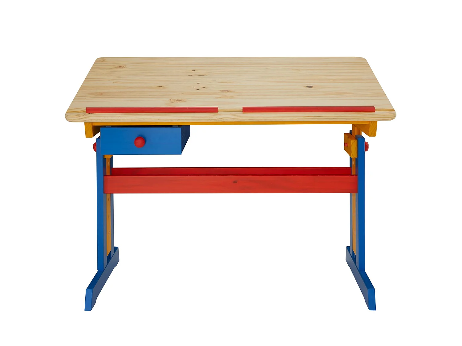 Bureau enfant écolier junior FLEXI table à dessin réglable en hauteur et pupitre inclinable avec 1 tiroir en pin lasuré multicolore