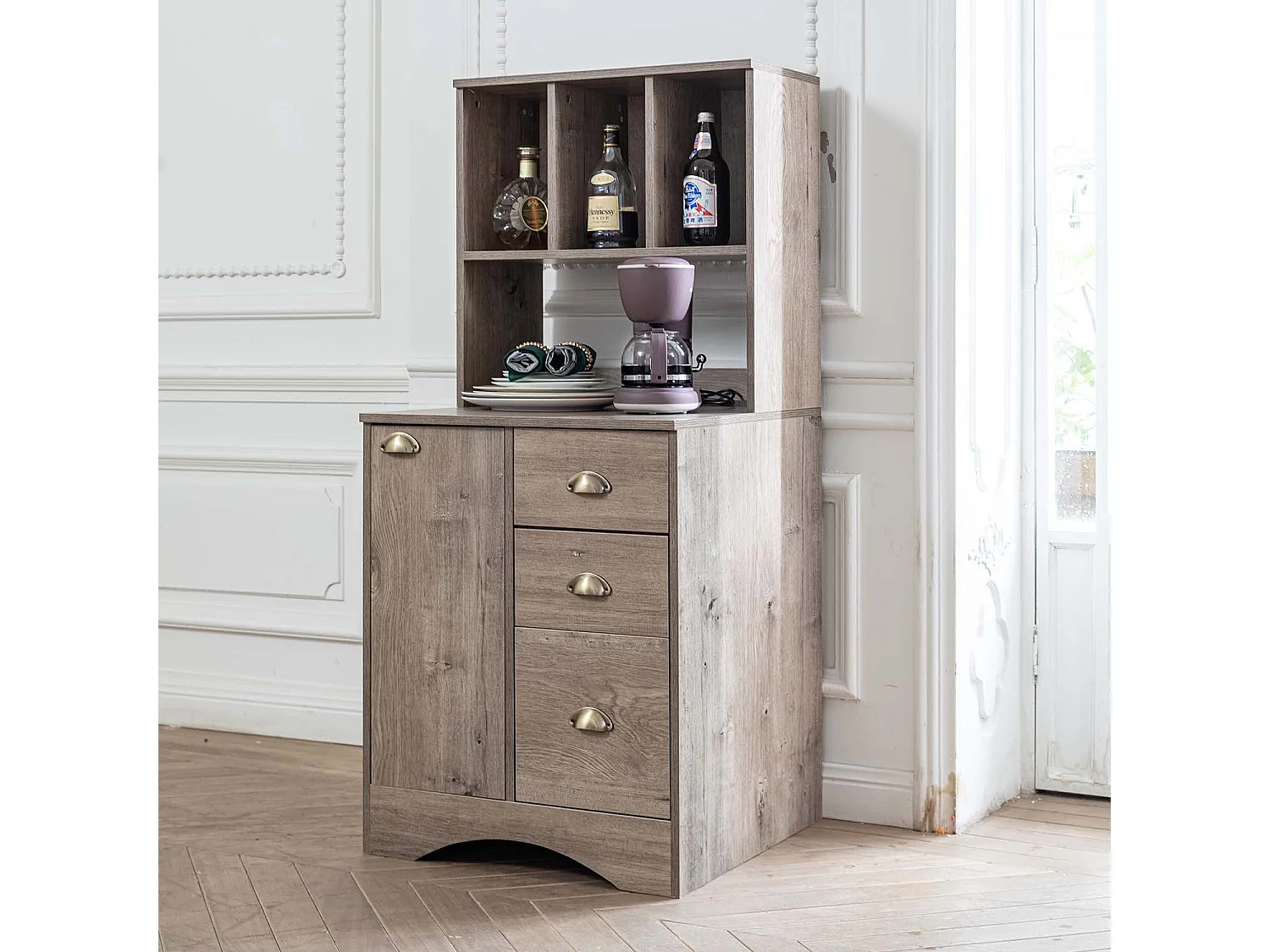 URBAN MEUBLE Buffet modulable avec 1 porte et 3 tiroirs et étagère ouverts en bois Chêne
