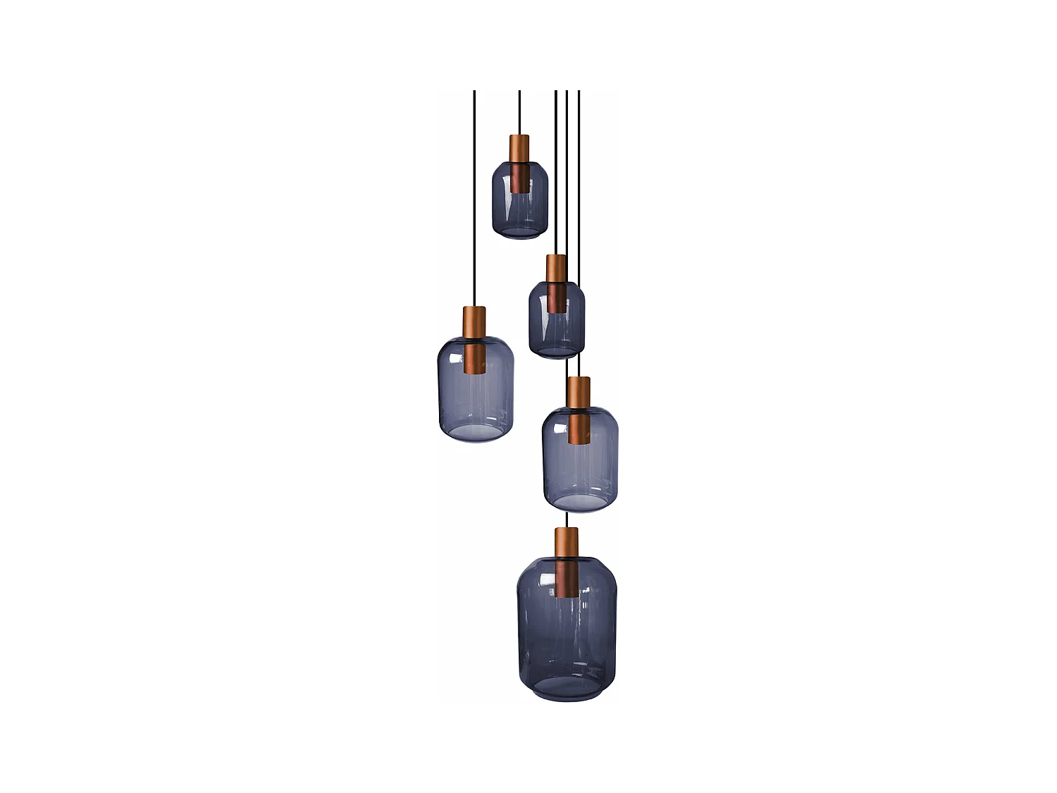 Lustre cuivre 5 pendels verre fumée 100 cm..
