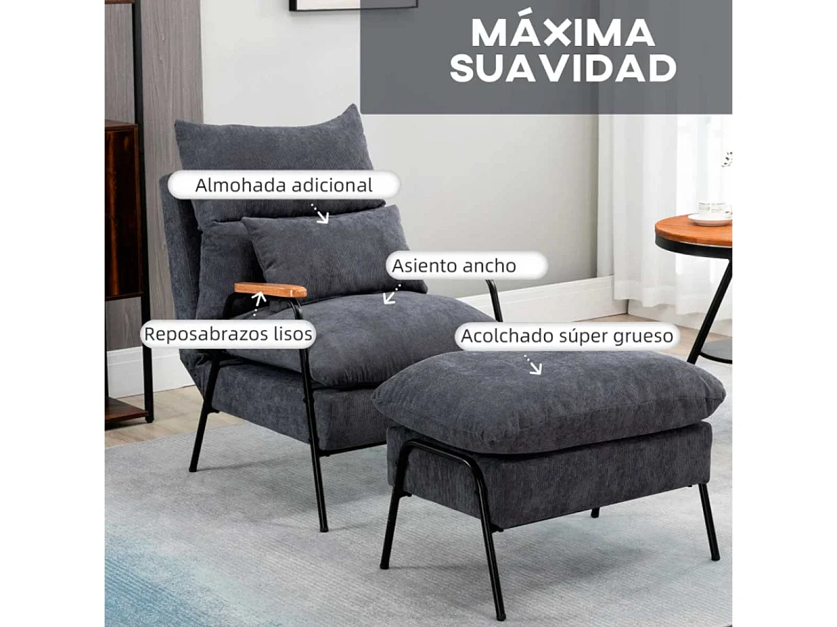 Sillón con reposapiés gris 68x91.5x88 cm HOMCOM