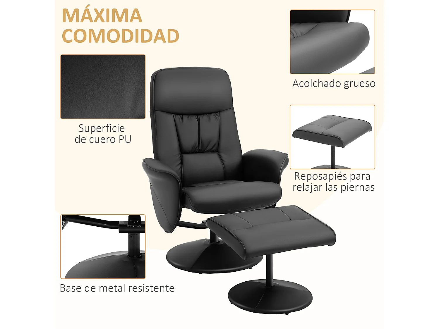 Sillón reclinable otomana negro 81x81x105 cm HOMCOM
