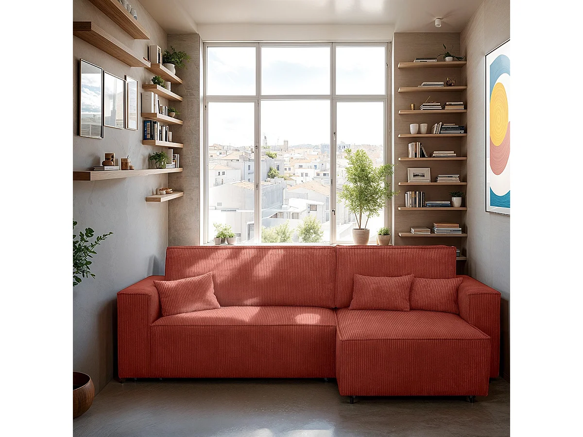 Canapé d'angle convertible réversible 4 places avec coffre de rangement en velours côtelé rouille - Livia