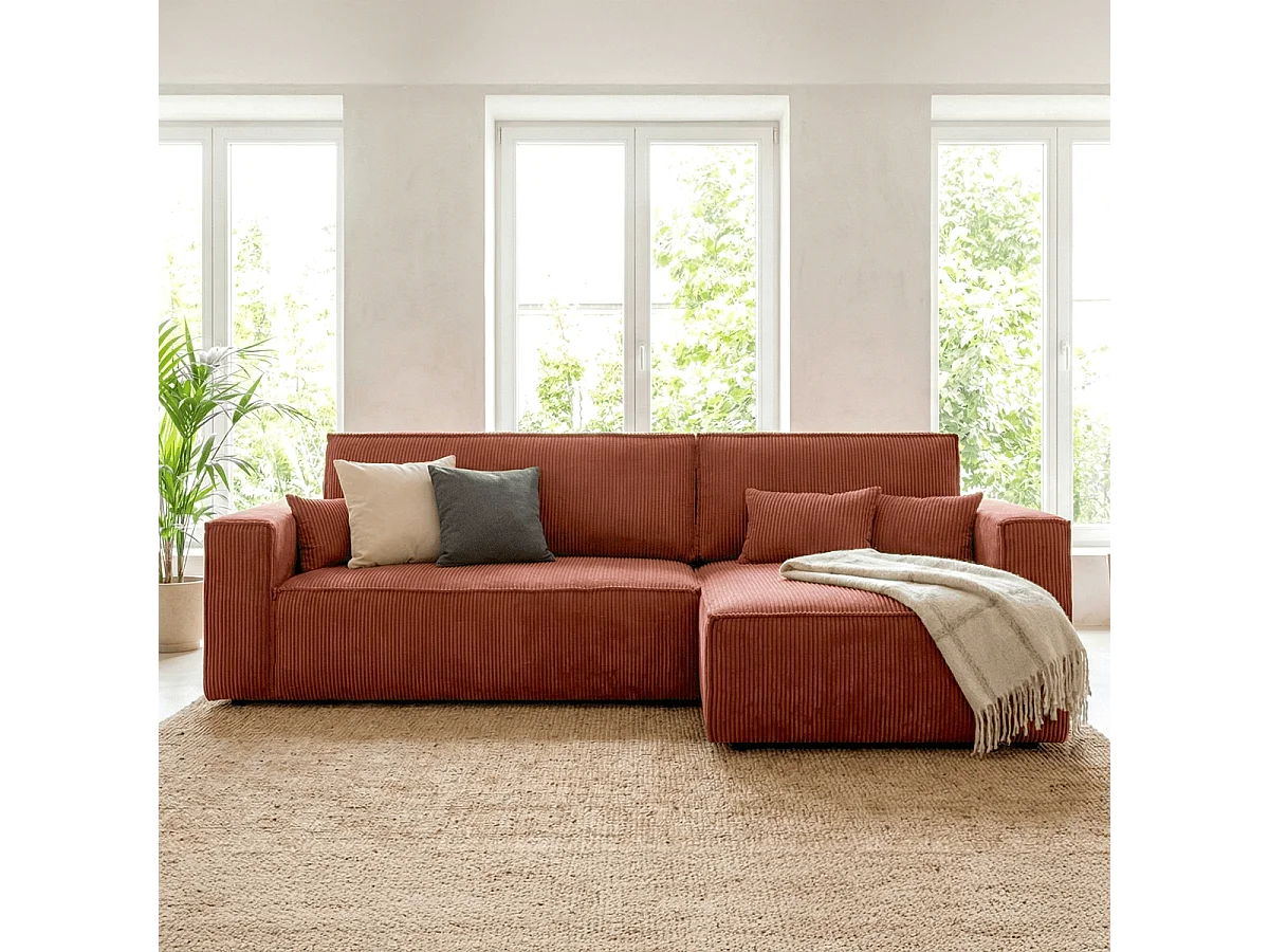 Canapé d'angle convertible réversible 4 places avec coffre de rangement en velours côtelé rouille - Livia