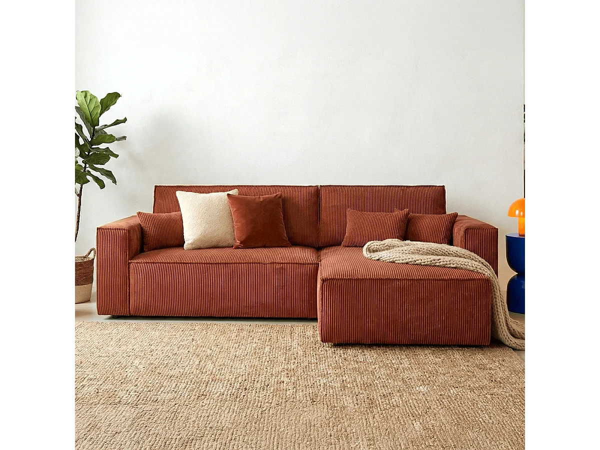 Canapé d'angle convertible réversible 4 places avec coffre de rangement en velours côtelé rouille - Livia