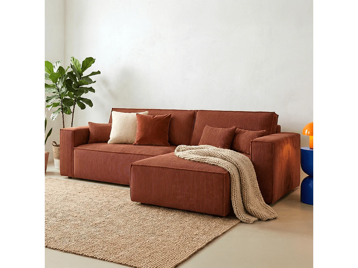 Canapé d'angle convertible réversible 4 places avec coffre de rangement en velours côtelé rouille - Livia