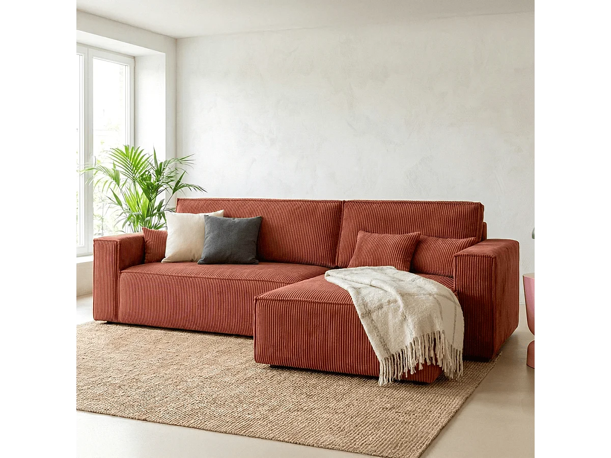 Canapé d'angle convertible réversible 4 places avec coffre de rangement en velours côtelé rouille - Livia