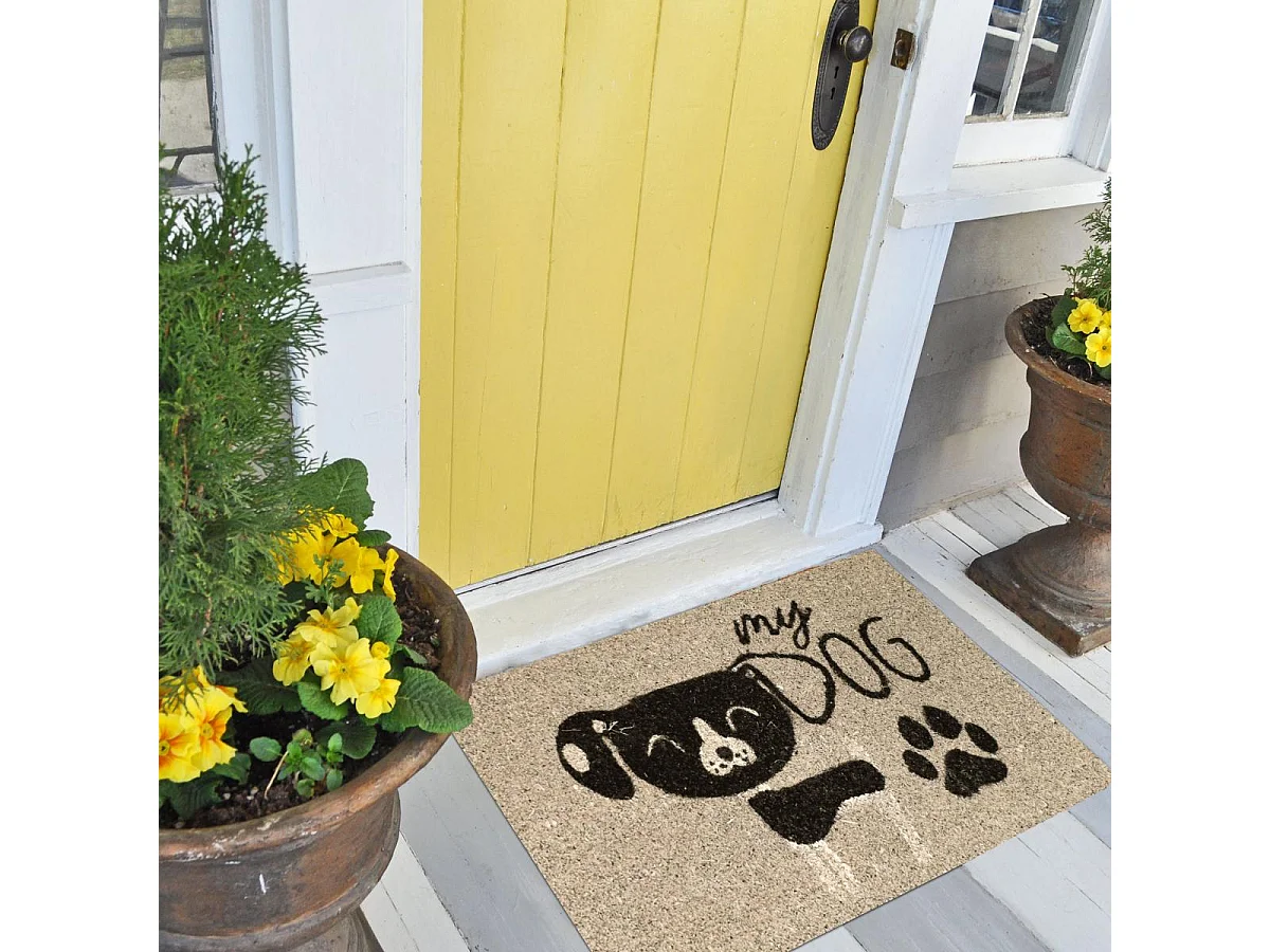 Paillasson 40x60 tissé en coco motif animaux CHIEN gris