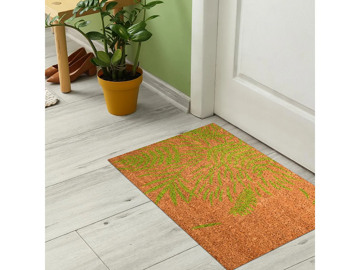 Paillasson 40x60 tissé en coco motif floral FEUILLES beige