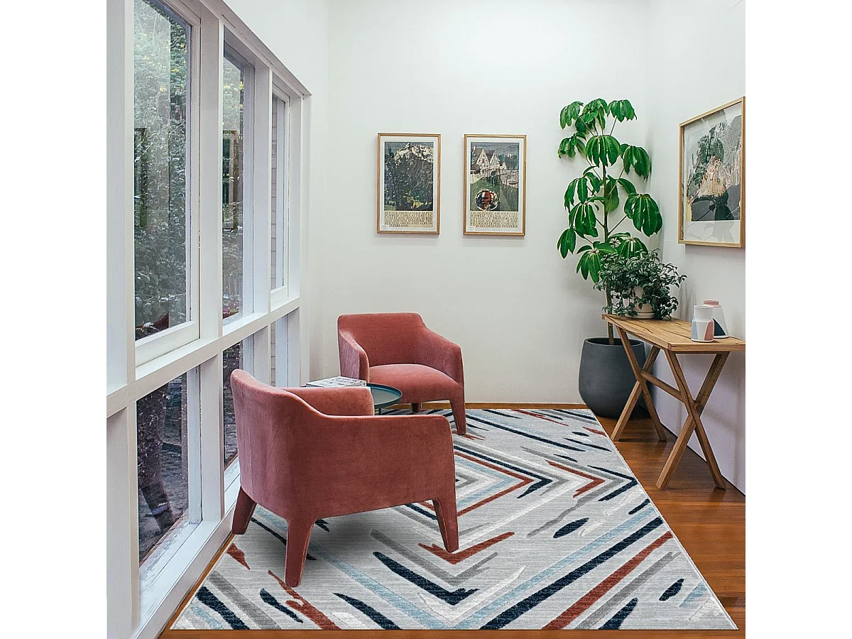 tapis chambre 120x160 tissé orange et bleu rectangle motif géométrique SOLGA E