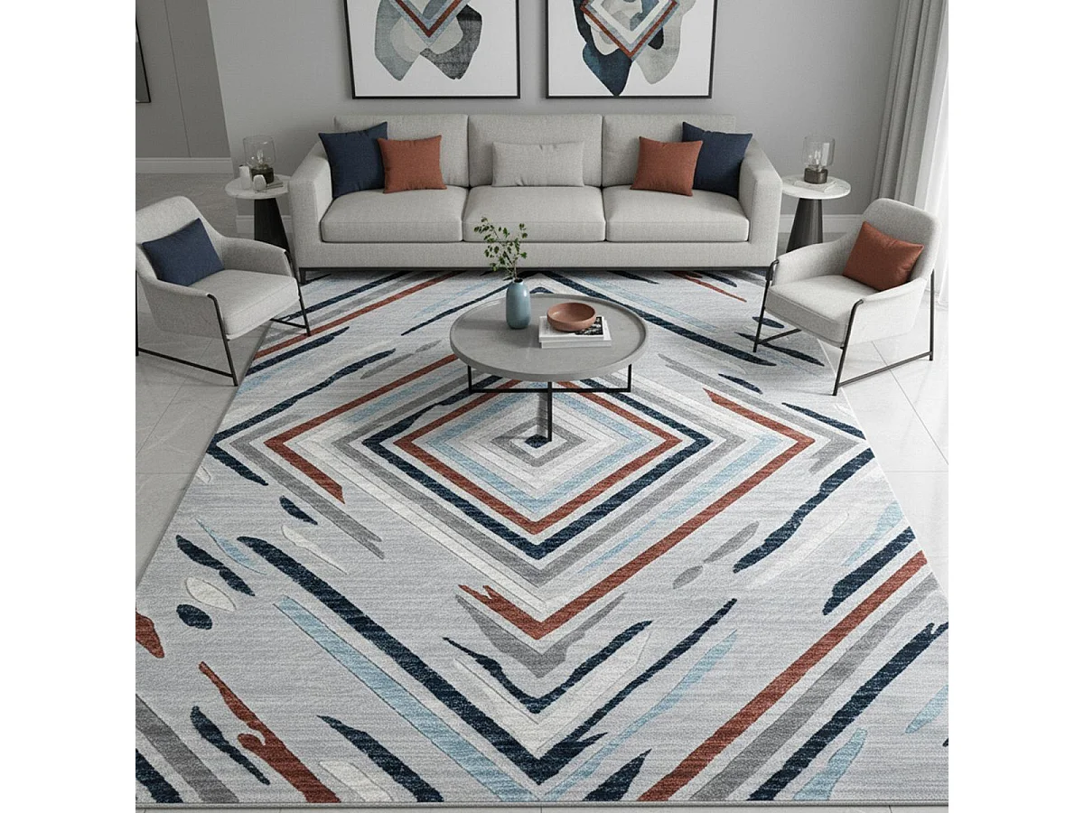 alfombra de dormitorio 120x160 tejida con motivos geométricos rectángulo naranja y azul SOLGA E