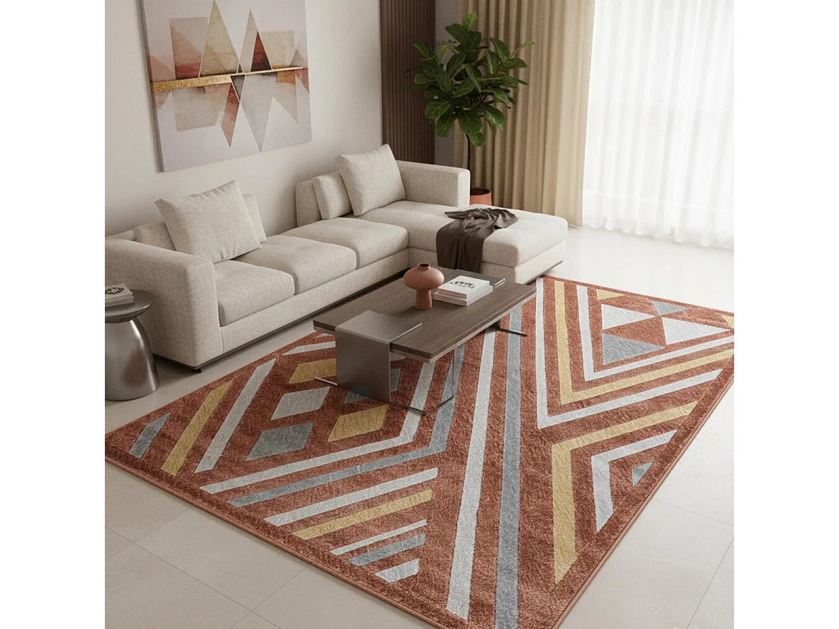 tapis chambre 120x160 tissé orange et gris rectangle motif ethnique SOLGA A