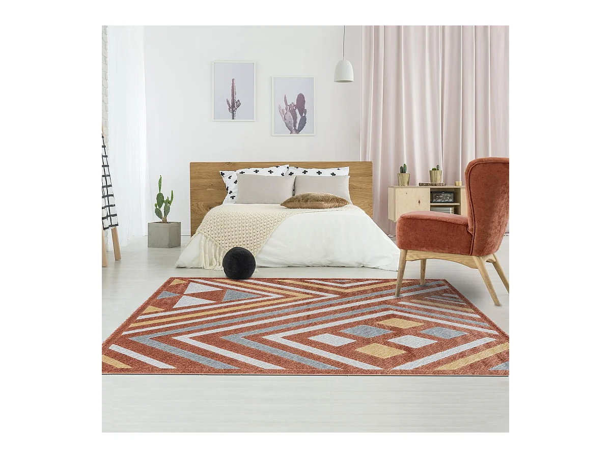 tapis chambre 150x220 tissé orange et gris rectangle motif ethnique SOLGA A