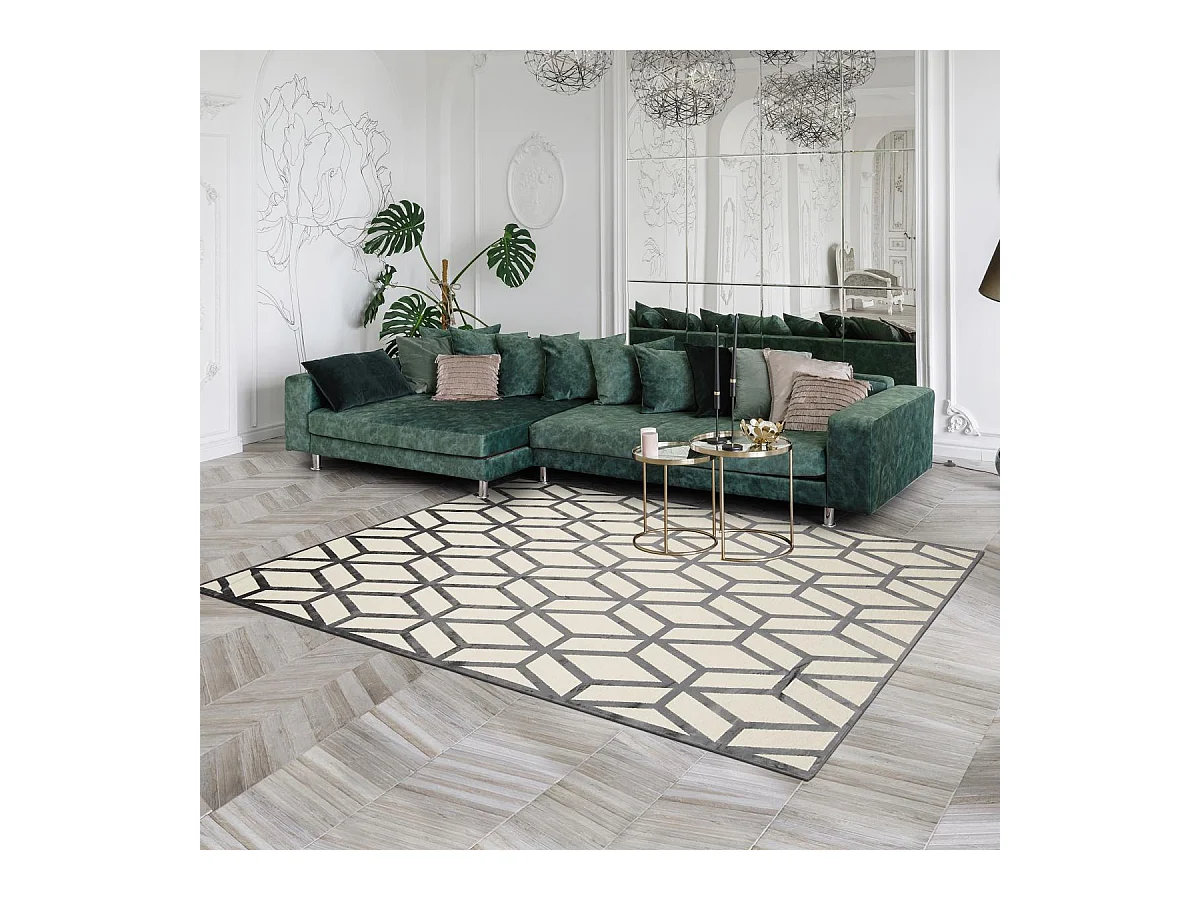 tapis salle à manger 200x290 tissé en viscose crème et noir motif scandinave