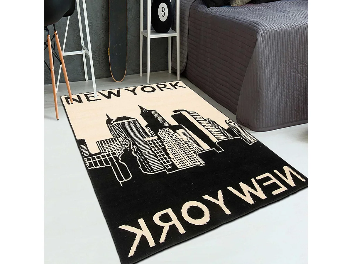 tapis salon 200x290 tissé noir et beige rectangle motif fresque NEW YORK CITY