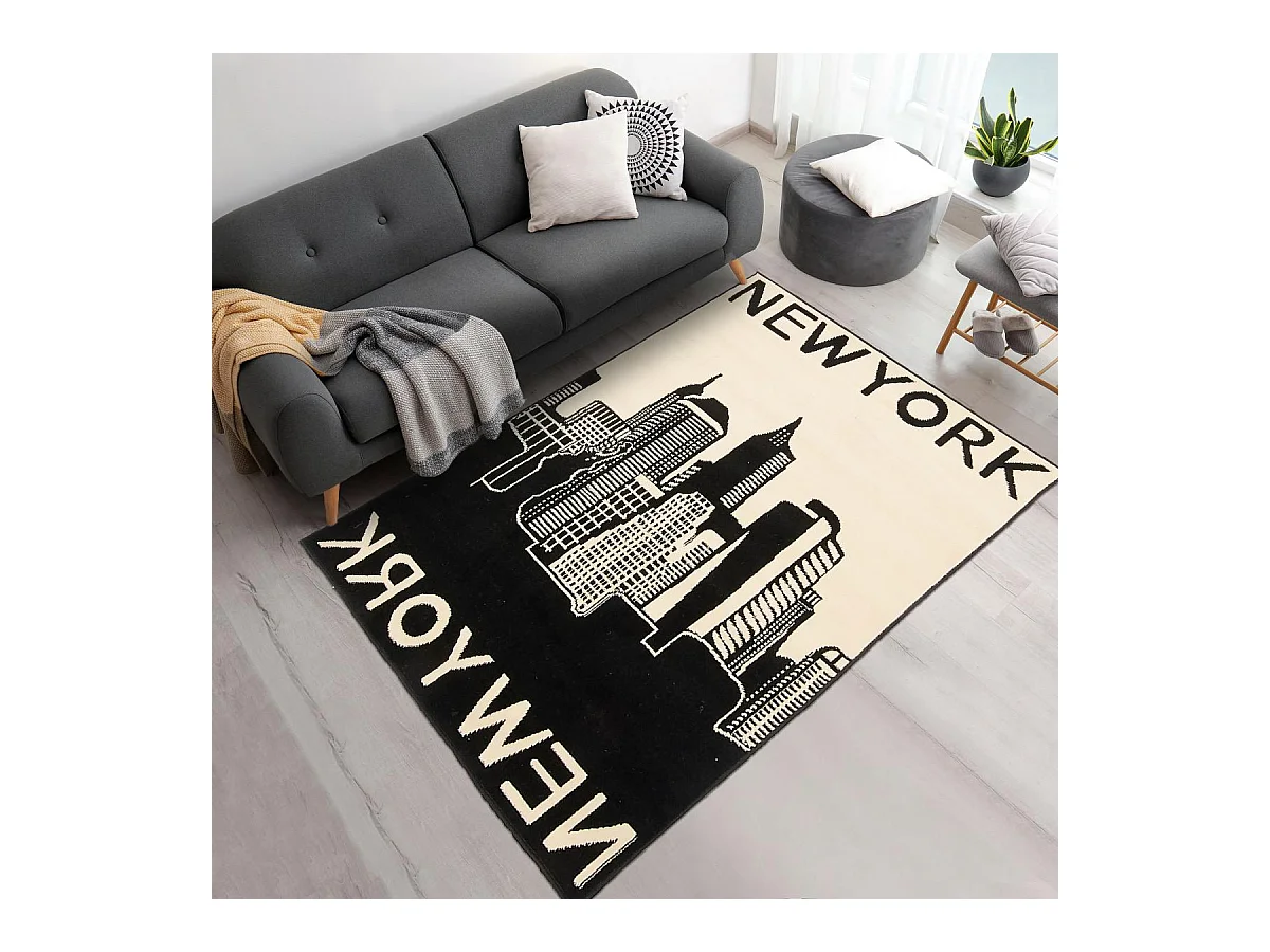 tapis salon 200x290 tissé noir et beige rectangle motif fresque NEW YORK CITY