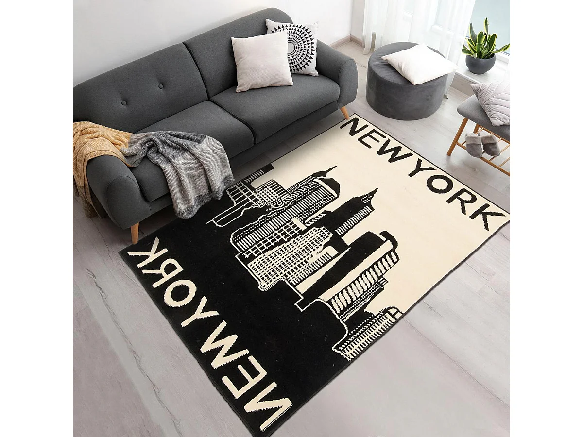 tapis salon 200x290 tissé noir et beige rectangle motif fresque NEW YORK CITY