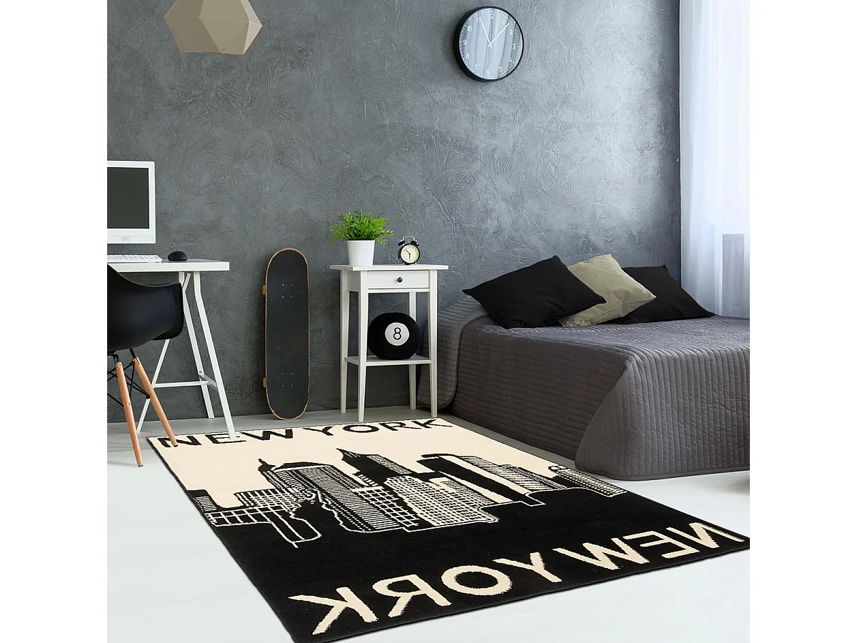 tapis salon 200x290 tissé noir et beige rectangle motif fresque NEW YORK CITY