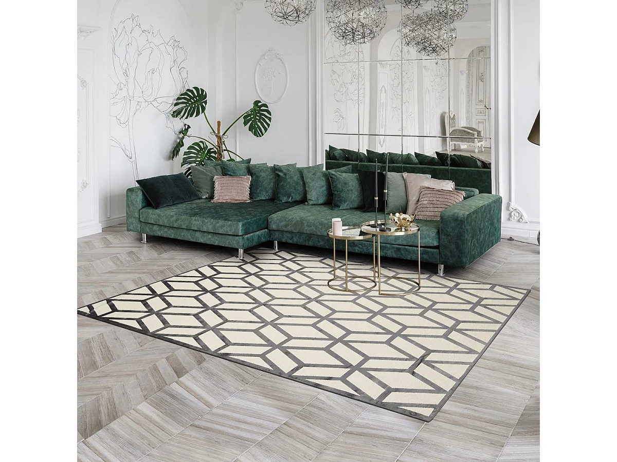 tappeto da soggiorno 160x230 tessuto in viscosa color crema e nero con motivo scandinavo rettangolare