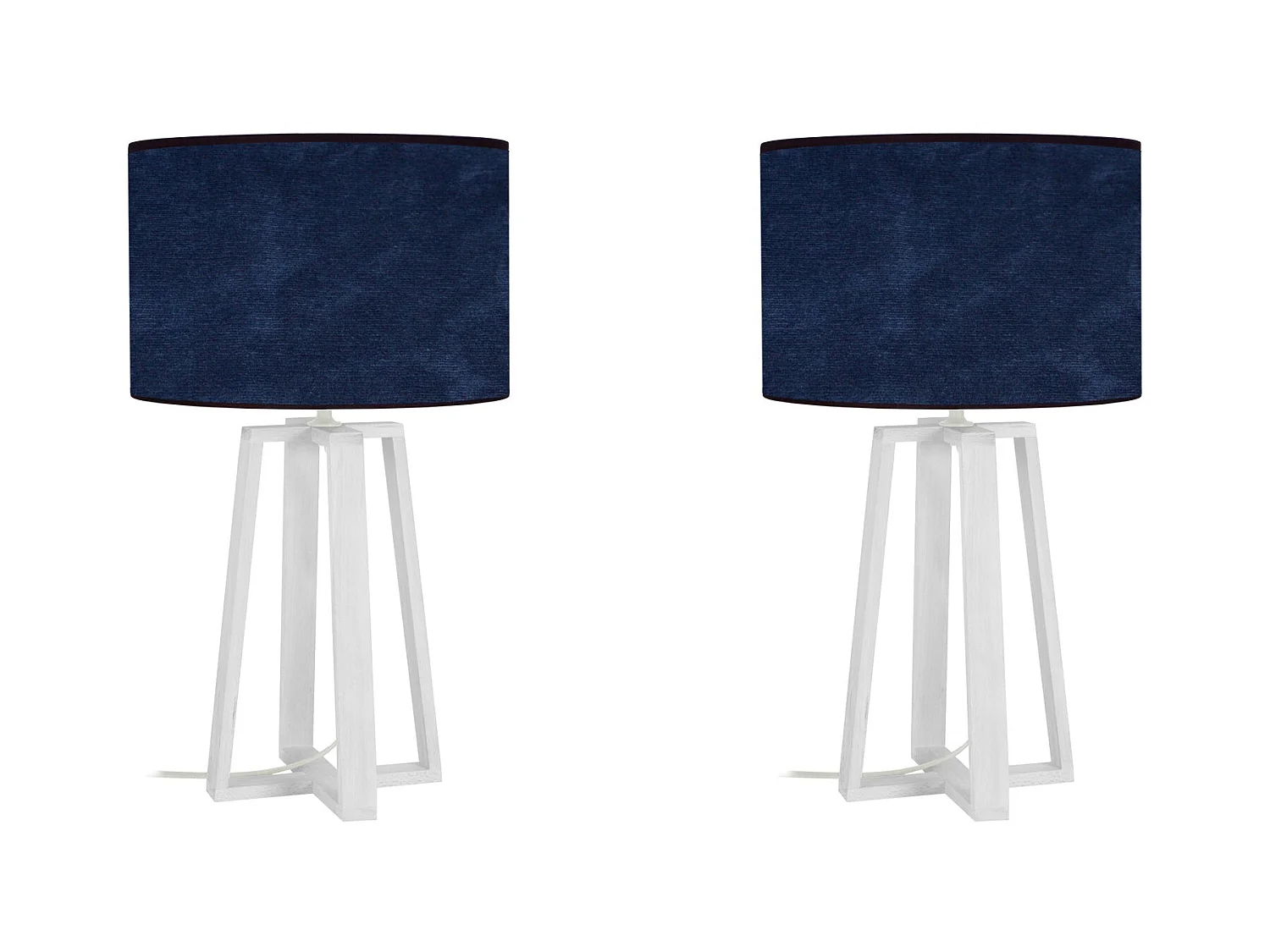 Pair de Lampes de chevet colonne bois  blanc,velour bleu 50 cm.