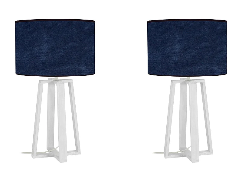 Pair de Lampes de chevet colonne bois  blanc,velour bleu 50 cm.
