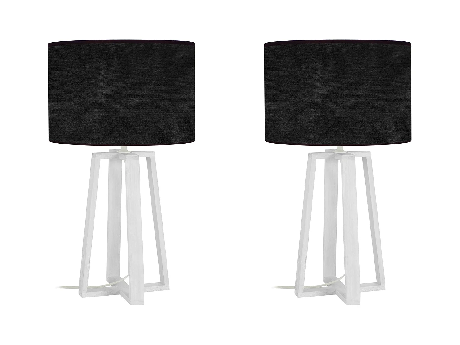 Pair de Lampes de chevet colonne bois  blanc,velour noir 50 cm.