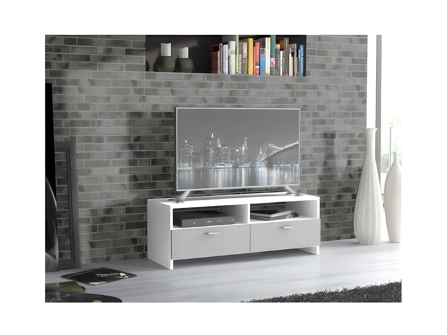 PILVI Meuble TV - Contemporain - Blanc et gris mat - L 95 cm