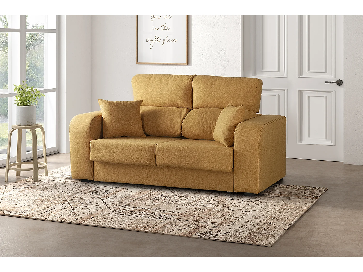 Canapé fixe Dpaja, Canapé 3 places en tissu rembourré, Canapé inclinable multipositions, 190x80h95 cm, Ocre