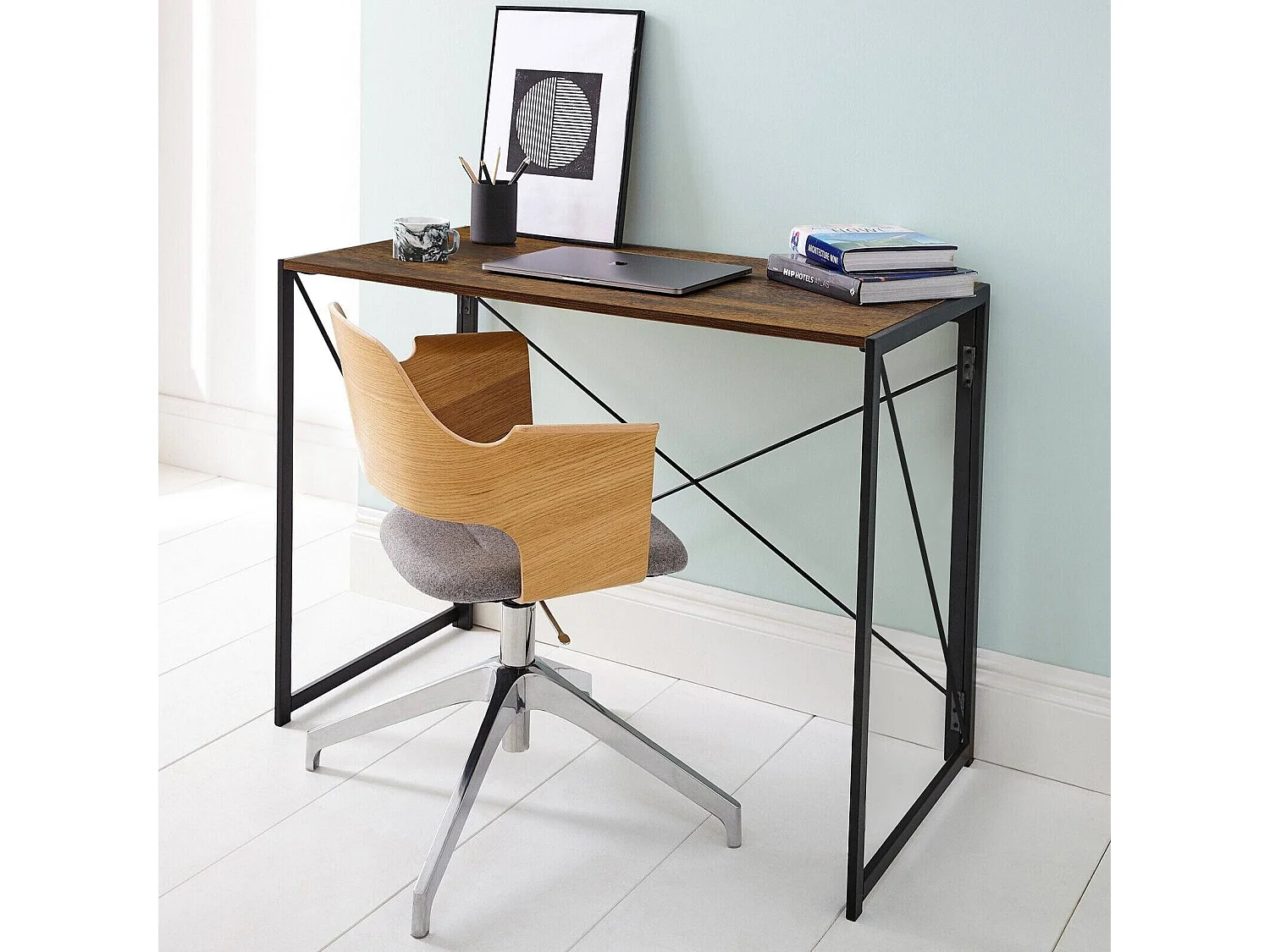 Bureau Dhicke, Bureau linéaire, Bureau polyvalent, Bureau fixe peu encombrant, 50x99h76 cm, Noyer et Noir