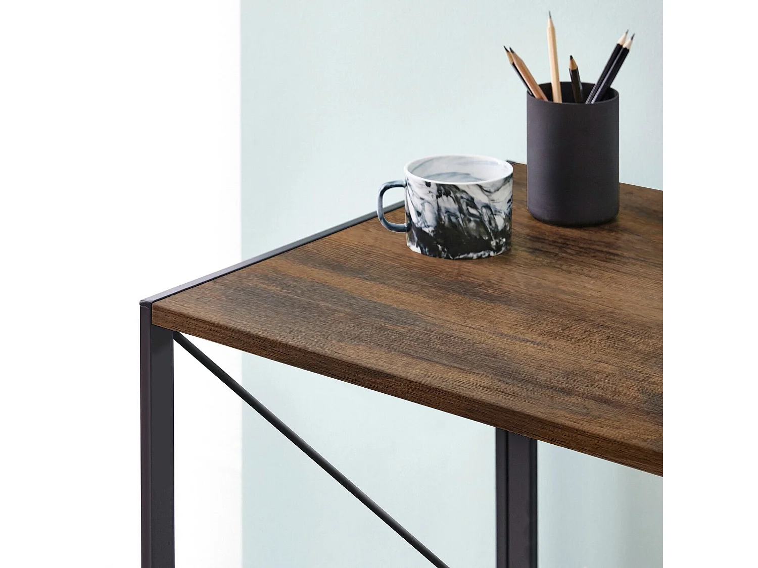 Bureau Dhicke, Bureau linéaire, Bureau polyvalent, Bureau fixe peu encombrant, 50x99h76 cm, Noyer et Noir