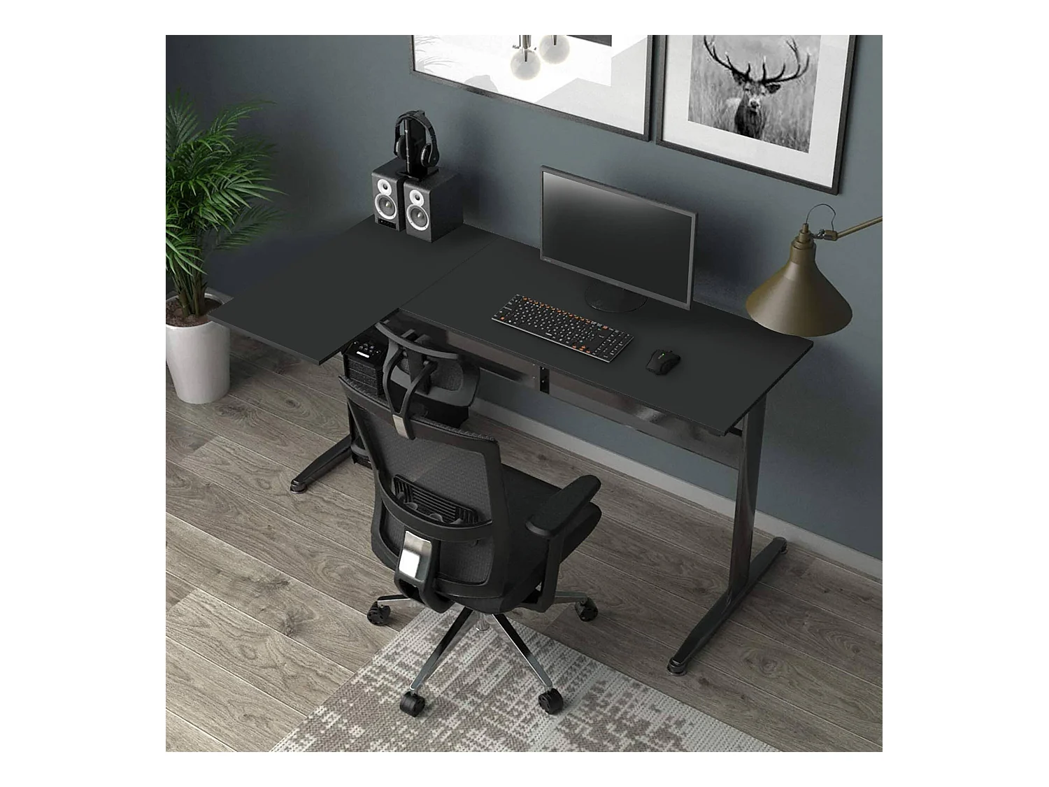 Bureau Dmarian, Bureau d'angle, Bureau polyvalent, Bureau fixe peu encombrant, 80x140h75 cm, Noir