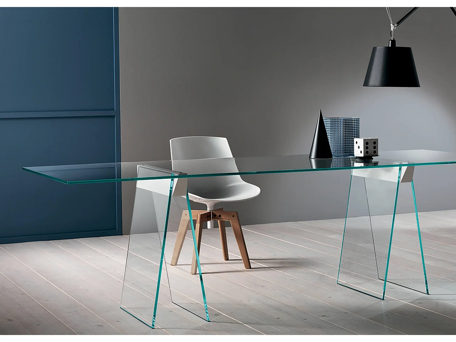 Bureau Dminier, Bureau linéaire, Bureau polyvalent, Bureau fixe peu encombrant, 180x90h75 cm, Transparent