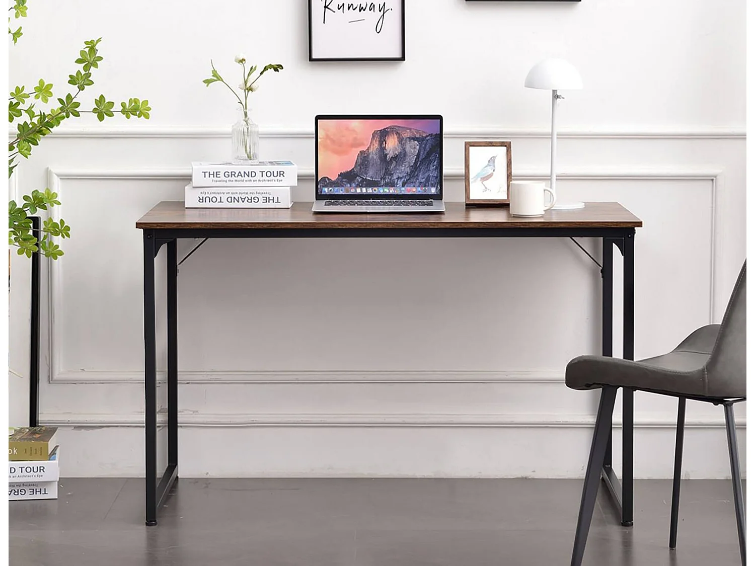 Bureau Dlosch, Bureau linéaire, Bureau polyvalent, Bureau fixe peu encombrant, 58x128h75 cm, Noyer et Noir