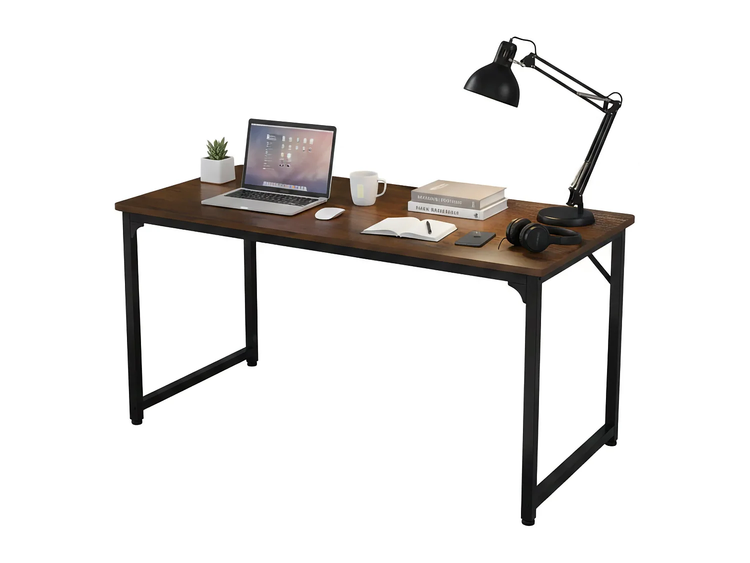 Dlosch bureau, Lineair bureau, Multifunctioneel bureau, Ruimtebesparende werktafel, 58x128h75 cm, Walnoot en Zwart