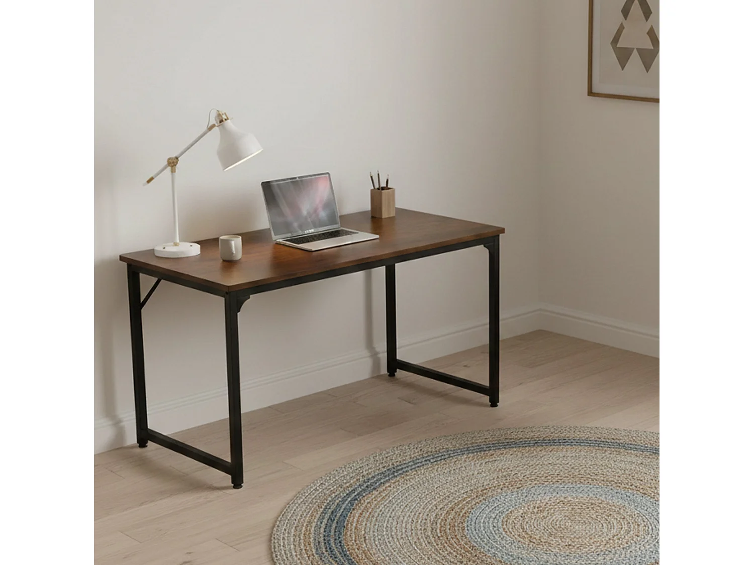 Dlosch bureau, Lineair bureau, Multifunctioneel bureau, Ruimtebesparende werktafel, 58x128h75 cm, Walnoot en Zwart