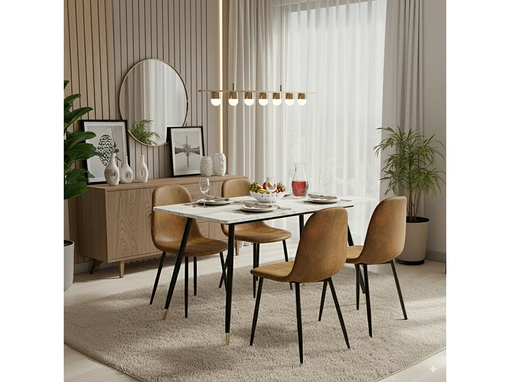 URBAN MEUBLE Table de salle à manger rectangulaire effet marbre blanc de style scandinave pieds points dorés 110x70cm