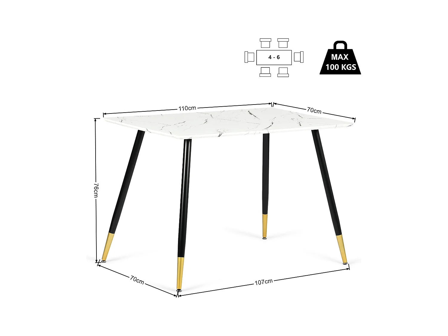 URBAN MEUBLE Table de salle à manger rectangulaire effet marbre blanc de style scandinave pieds points dorés 110x70cm