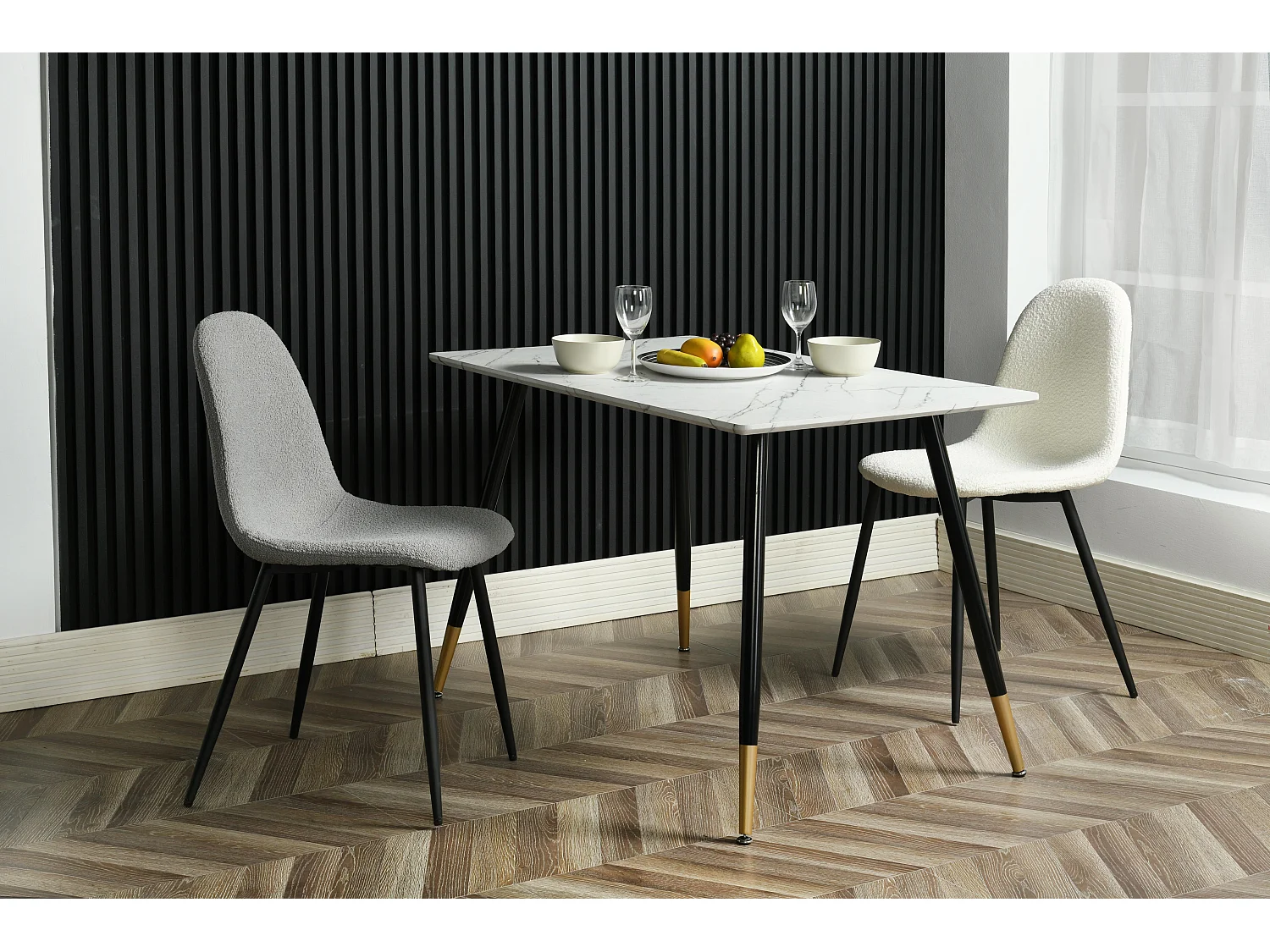 URBAN MEUBLE Table de salle à manger rectangulaire effet marbre blanc de style scandinave pieds points dorés 110x70cm