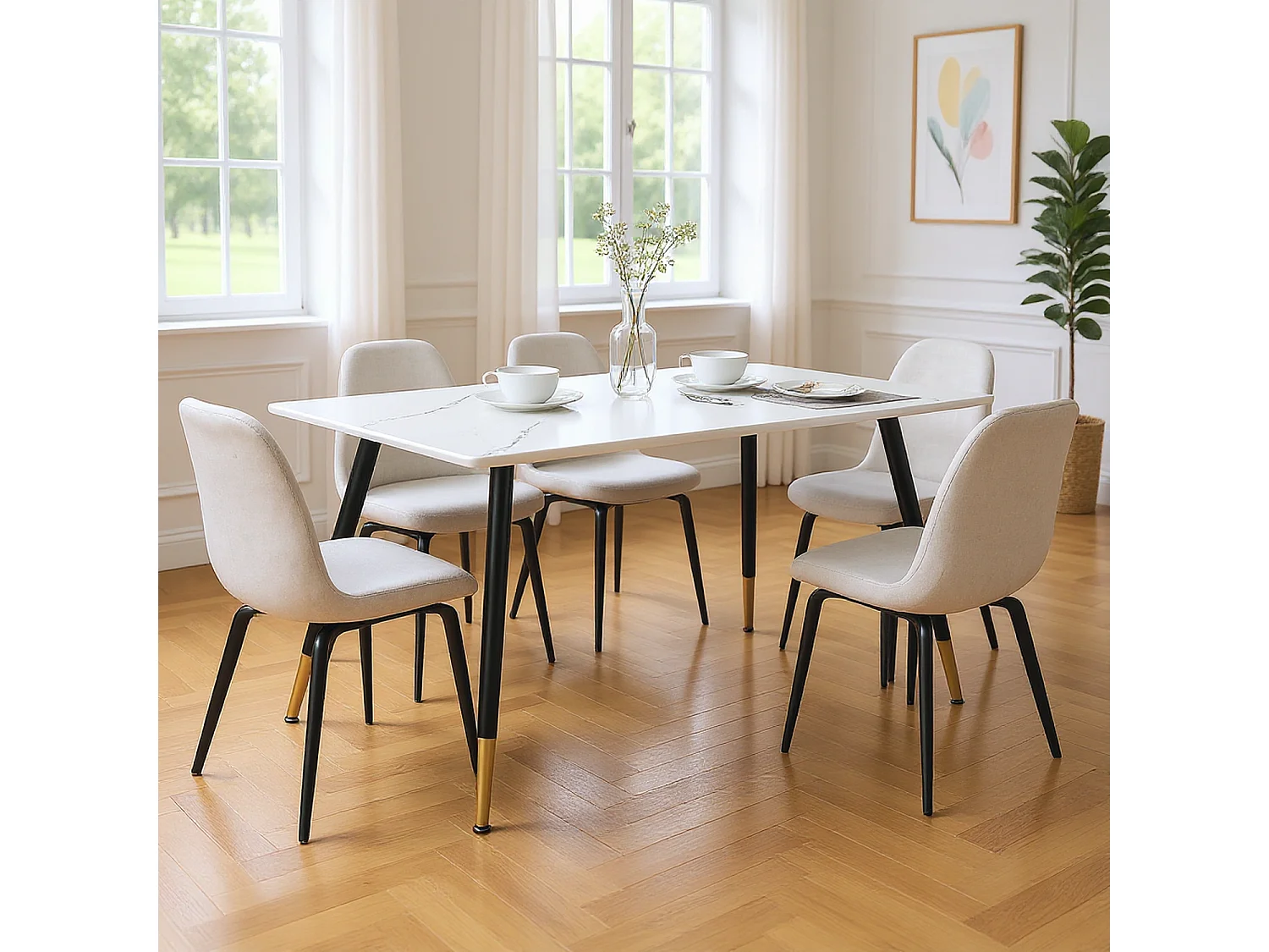 URBAN MEUBLE Table de salle à manger rectangulaire effet marbre blanc de style scandinave pieds points dorés 110x70cm
