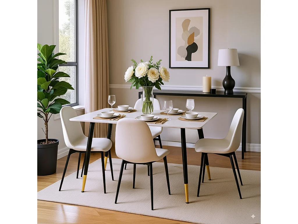 URBAN MEUBLE Table de salle à manger rectangulaire effet marbre blanc de style scandinave pieds points dorés 110x70cm