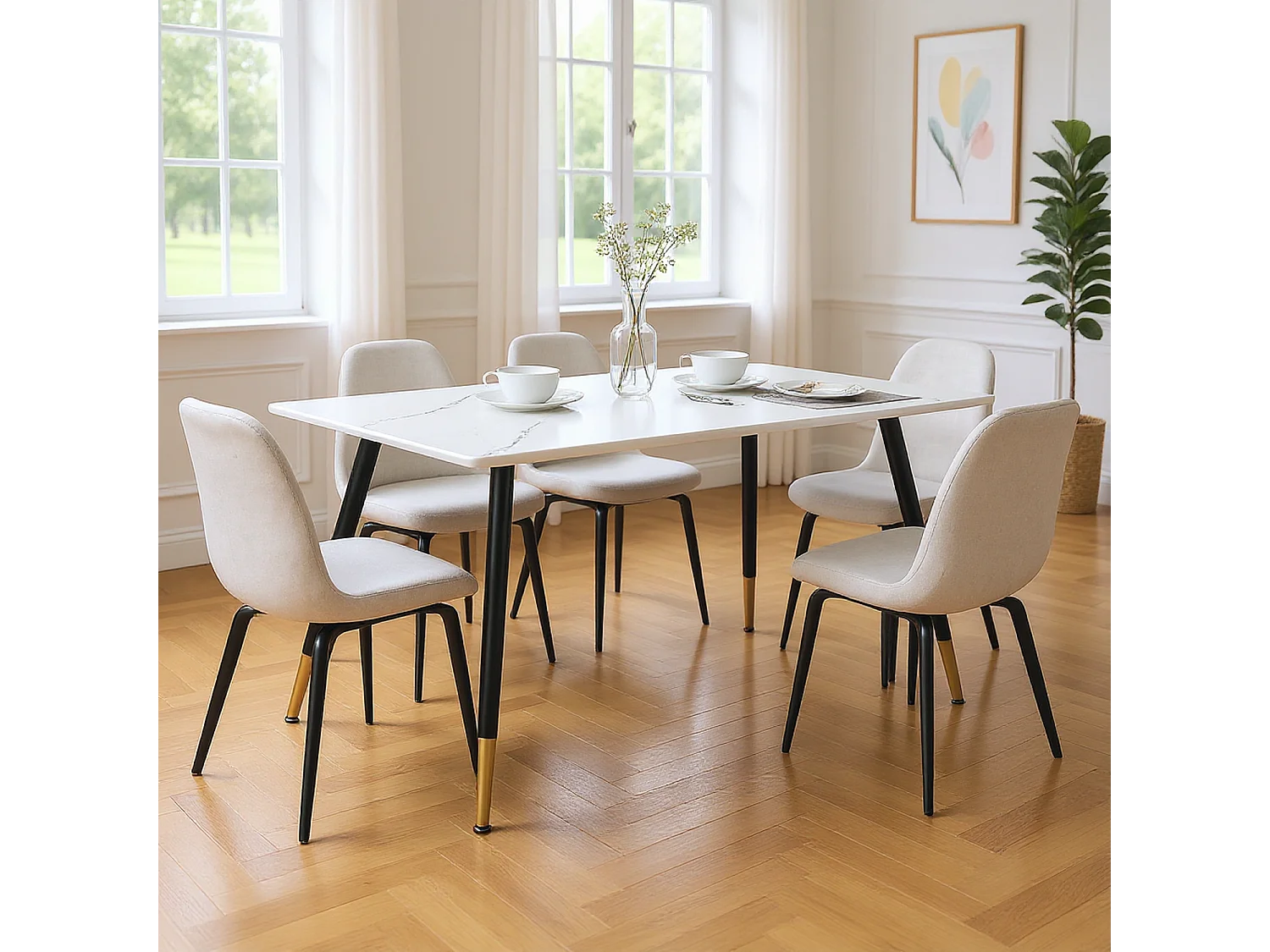 URBAN MEUBLE Table de salle à manger rectangulaire effet marbre blanc de style scandinave pieds points dorés 110x70cm