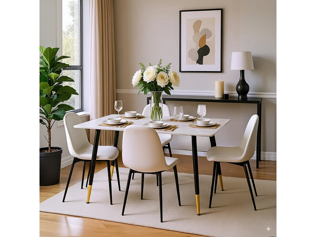 URBAN MEUBLE Table de salle à manger rectangulaire effet marbre blanc de style scandinave pieds points dorés 110x70cm