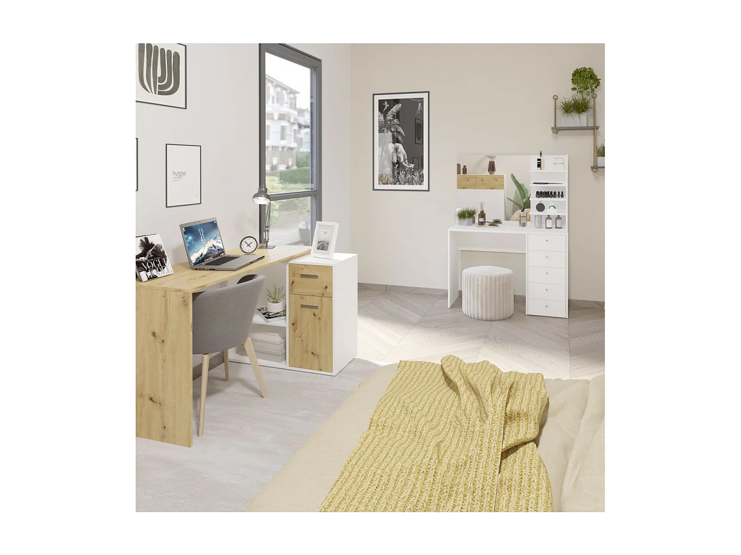 Coiffeuse 5 Tiroirs et 4 Étagères avec Miroir Marl - L105 x H140,5 cm