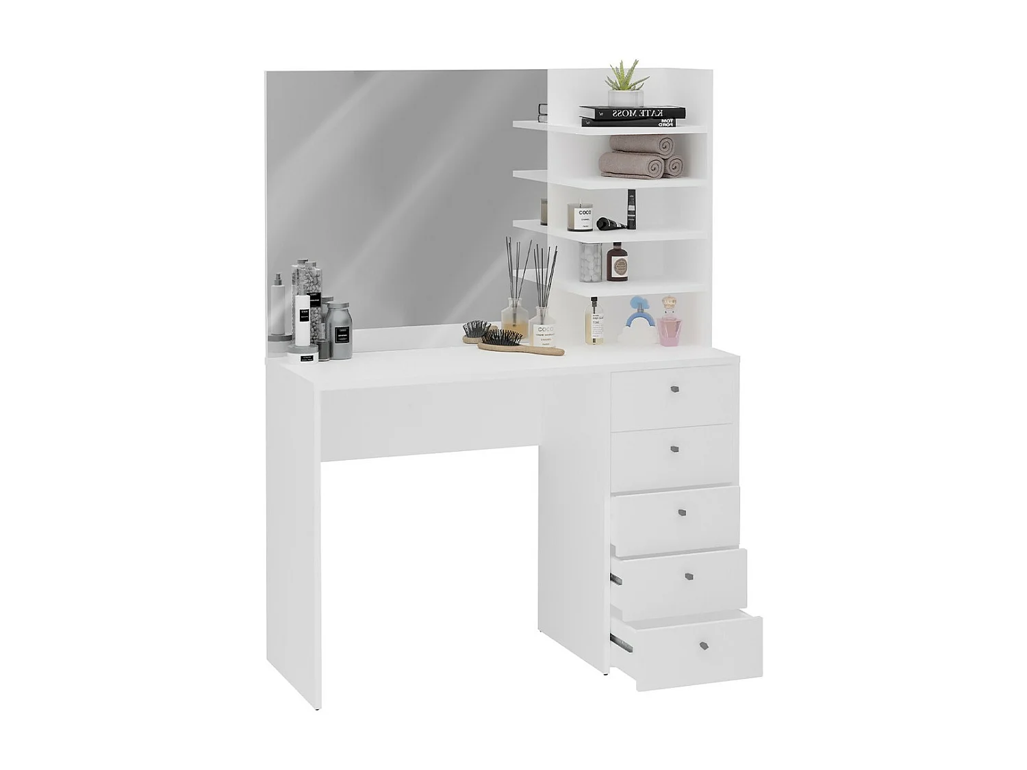 Coiffeuse 5 Tiroirs et 4 Étagères avec Miroir Marl - L105 x H140,5 cm
