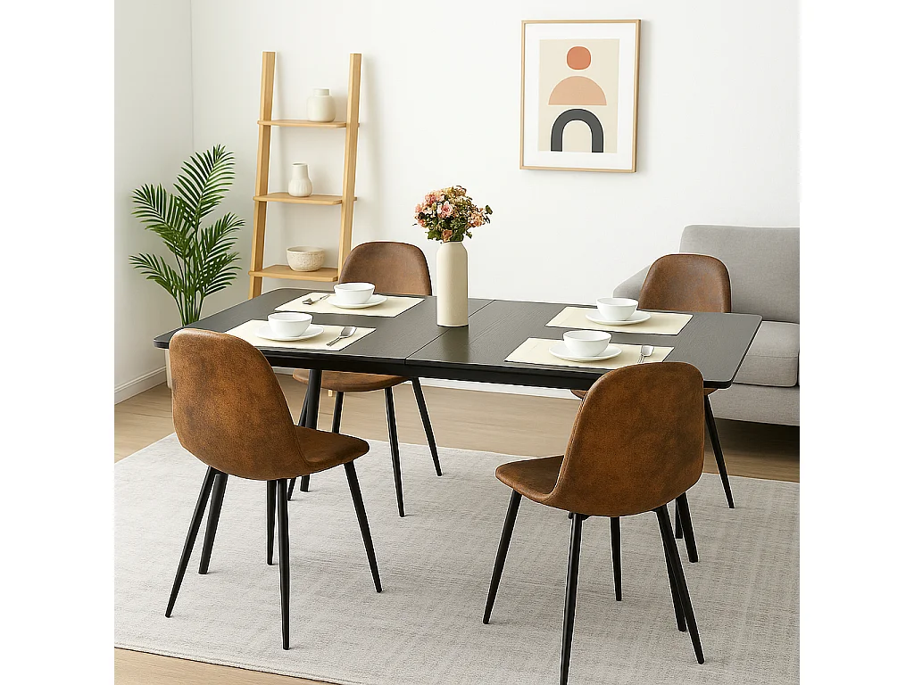 URBAN MEUBLE Table de salle à manger rectangulaire extensible noir effet bois de style scandinave pieds points dorés 120-160 cm