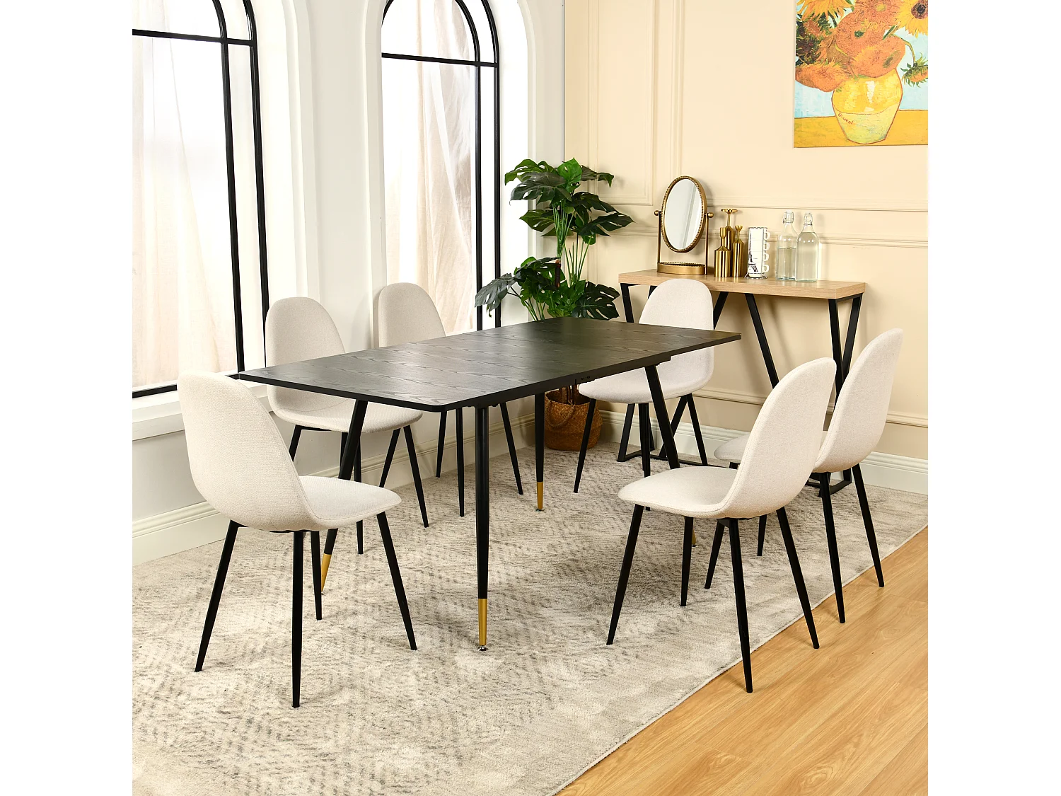 URBAN MEUBLE Table de salle à manger rectangulaire extensible noir effet bois de style scandinave pieds points dorés 120-160 cm