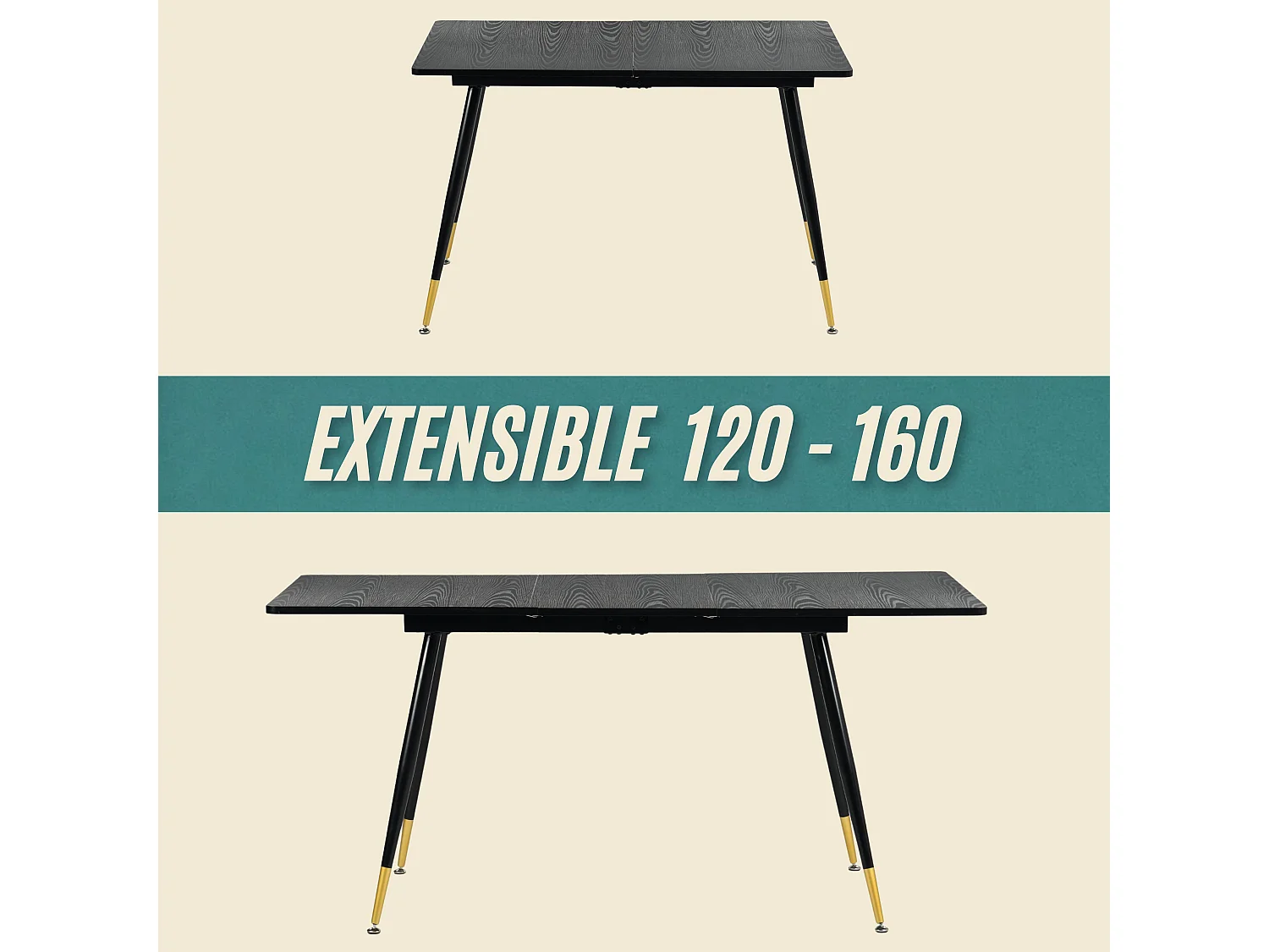 URBAN MEUBLE Table de salle à manger rectangulaire extensible noir effet bois de style scandinave pieds points dorés 120-160 cm