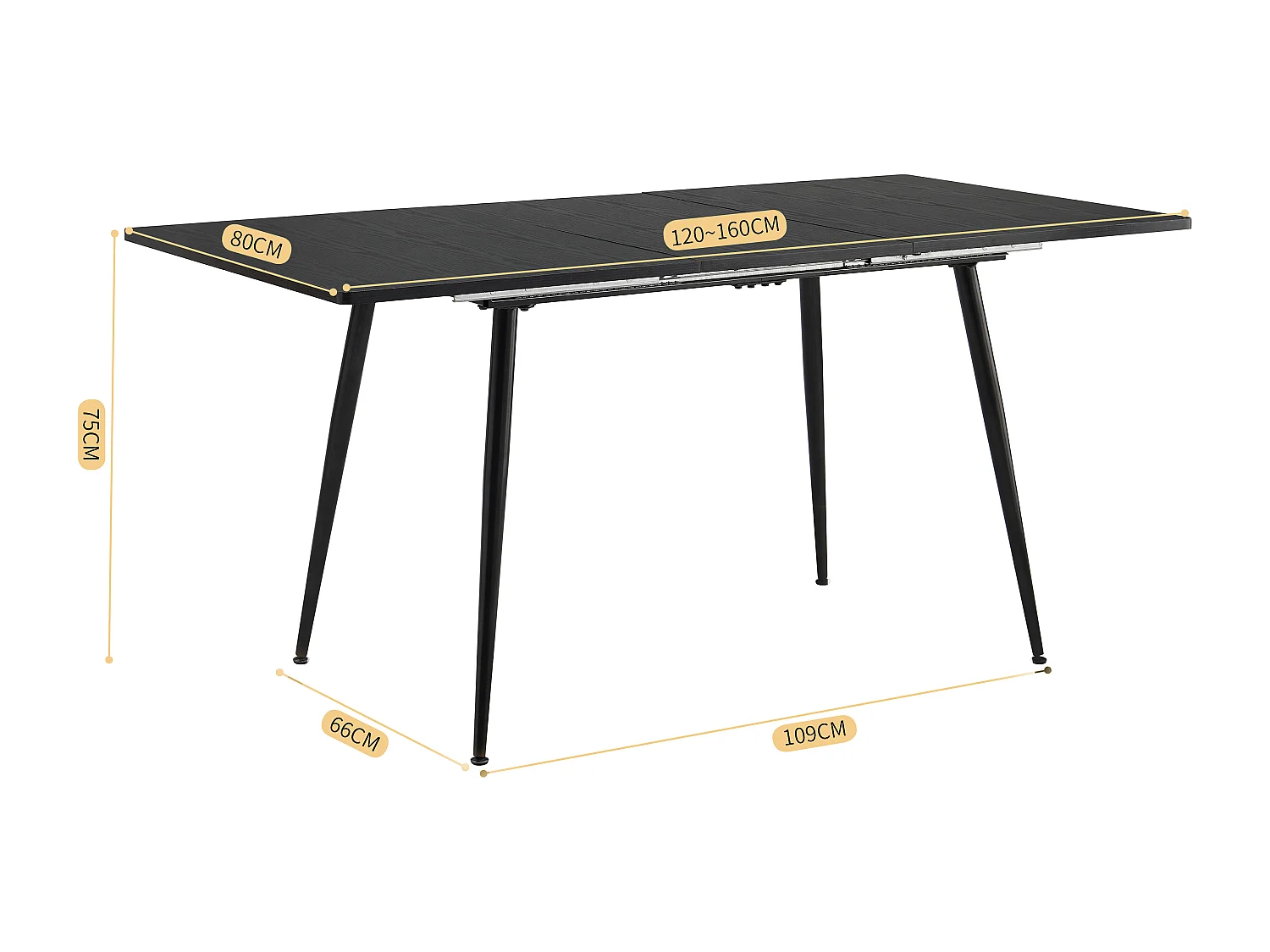 URBAN MEUBLE Table de salle à manger rectangulaire extensible noir effet bois de style scandinave pieds points dorés 120-160 cm