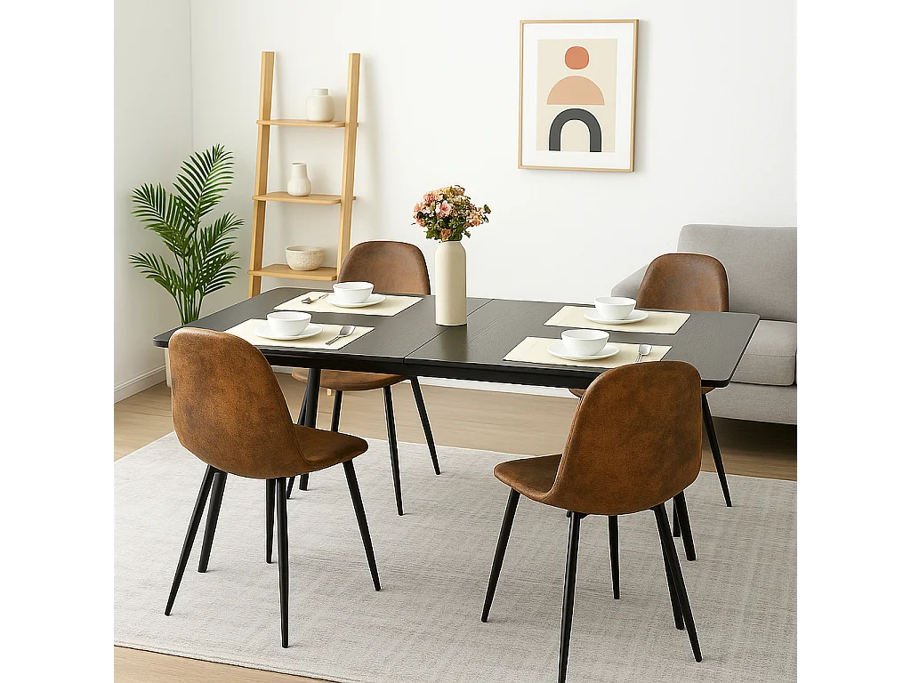URBAN MEUBLE Table de salle à manger rectangulaire extensible noir effet bois de style scandinave pieds points dorés 120-160 cm